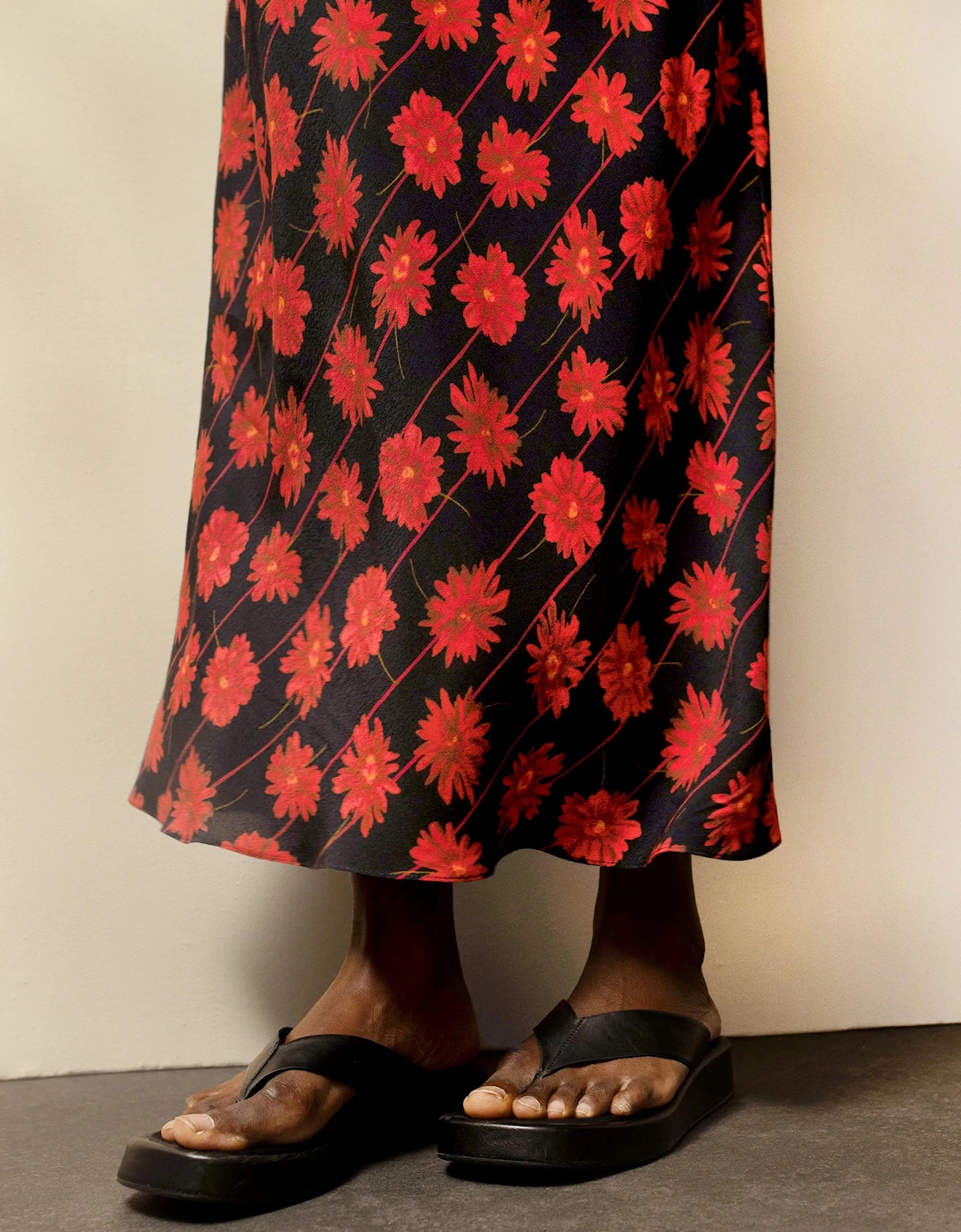 Red Daisy-Print Striped Bias-Cut Skirt