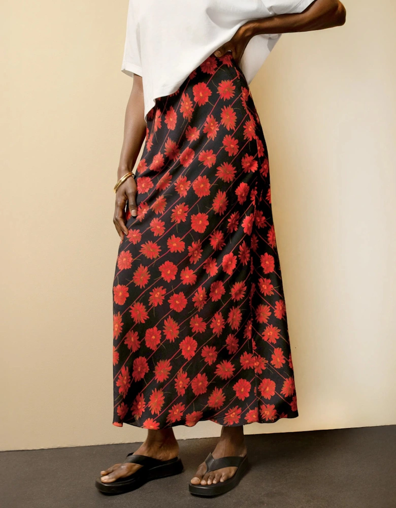 Red Daisy-Print Striped Bias-Cut Skirt