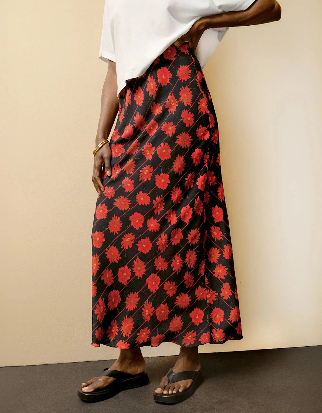 Red Daisy-Print Striped Bias-Cut Skirt