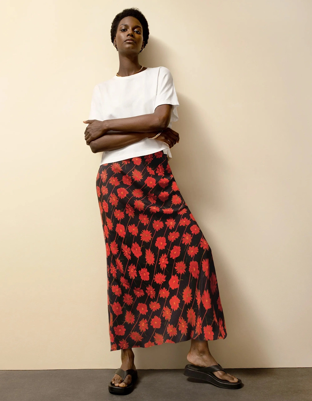 Red Daisy-Print Striped Bias-Cut Skirt