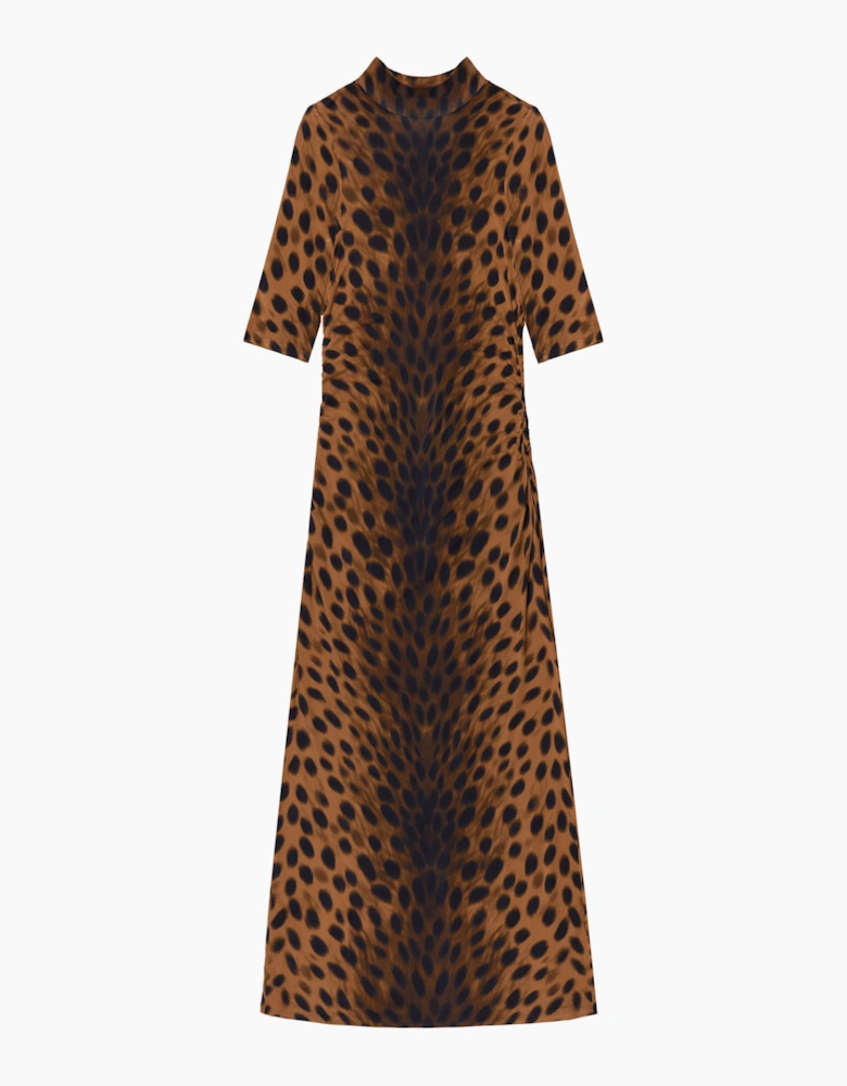 Brown Leopard Print Mock Neck Jersey Dress