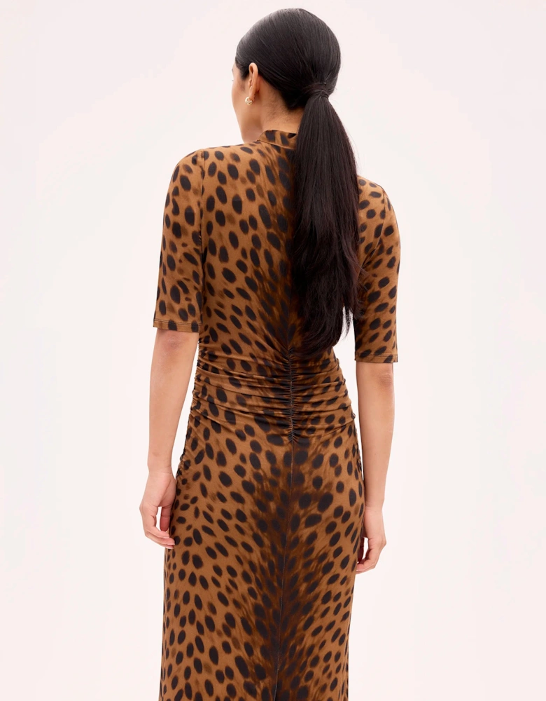 Brown Leopard Print Mock Neck Jersey Dress