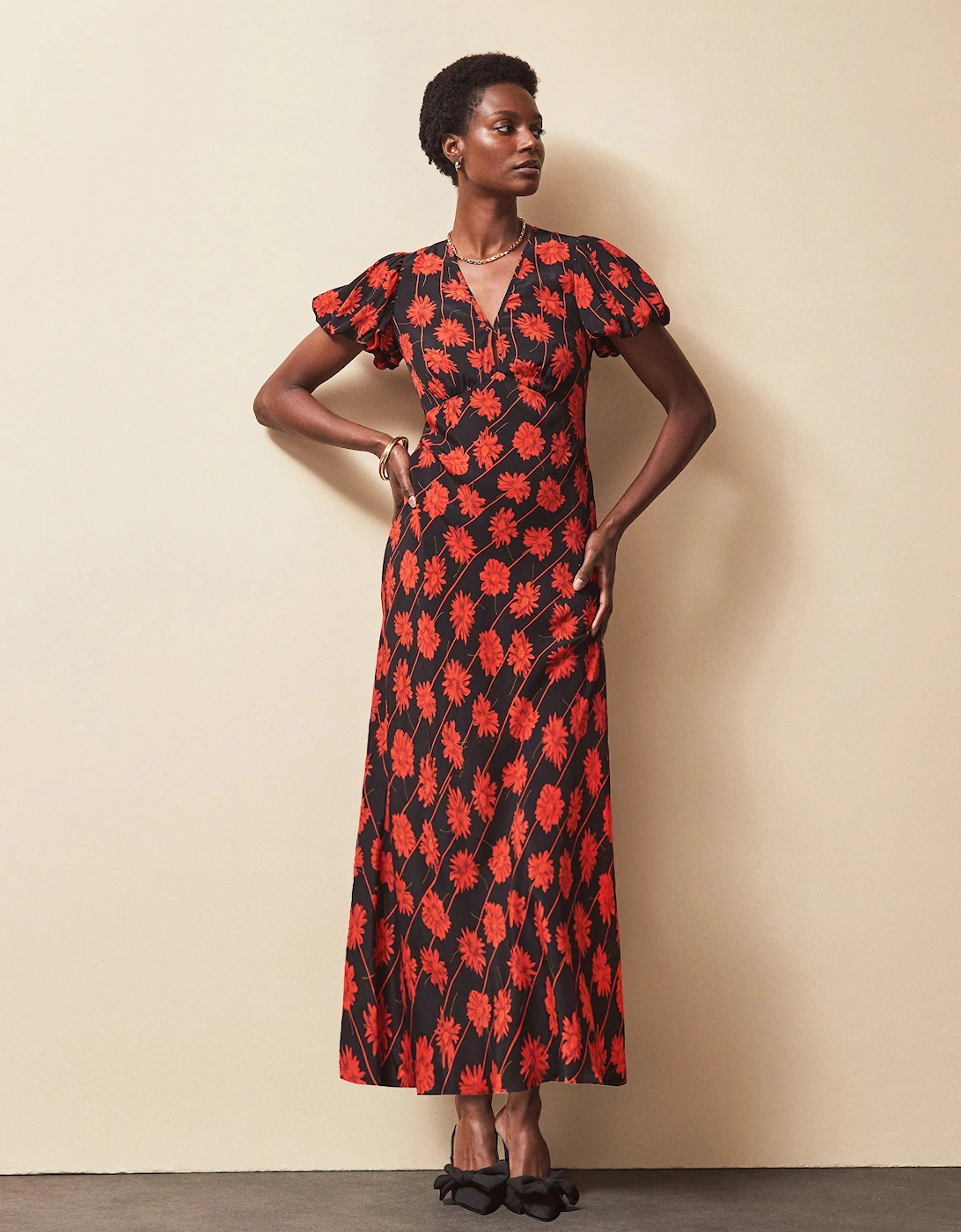 Petite Red Rose Stripe V Neck Keyhole Dress