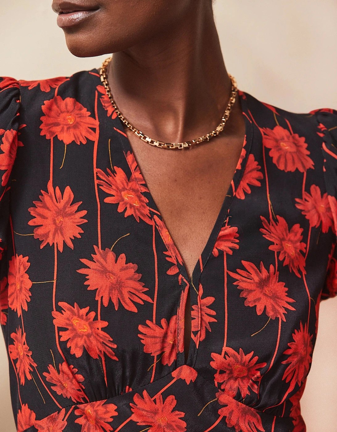 Petite Red Rose Stripe V Neck Keyhole Dress