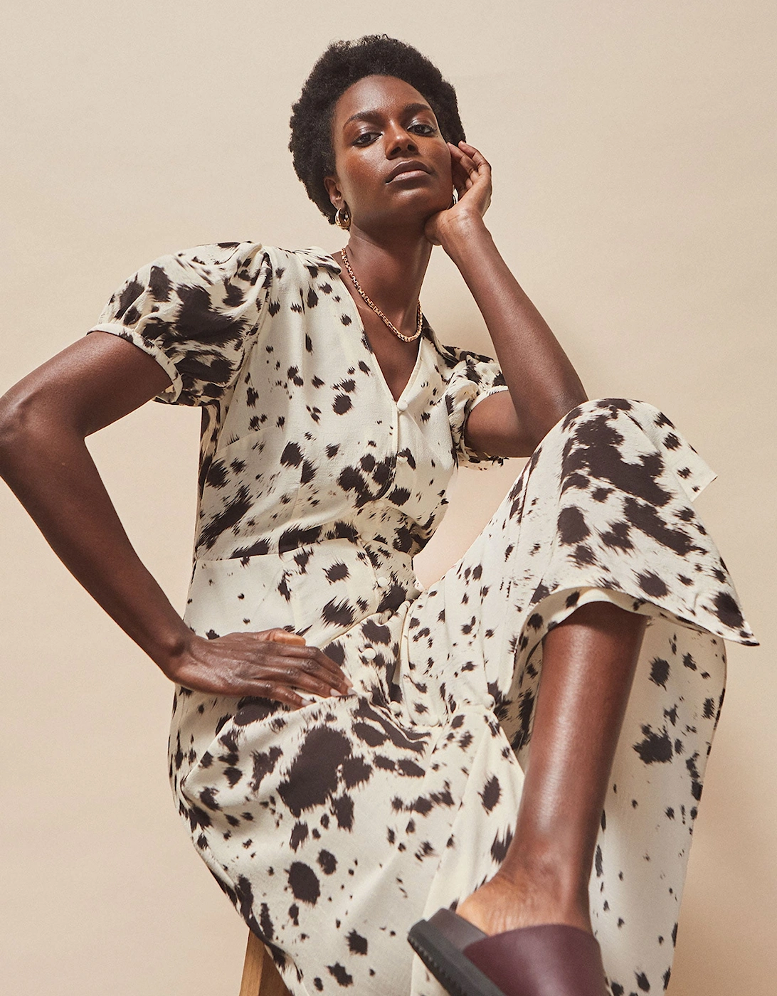 Petite Cow-Print Button-Front Shirt Dress