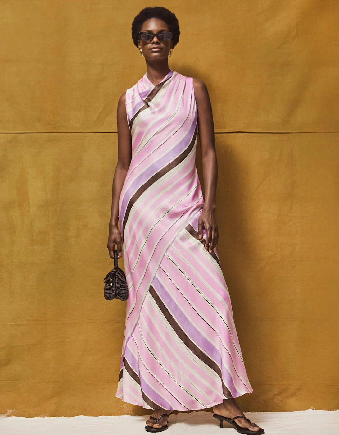 Petite Phoebe Pink Stripe Cowl Neck Satin Dress