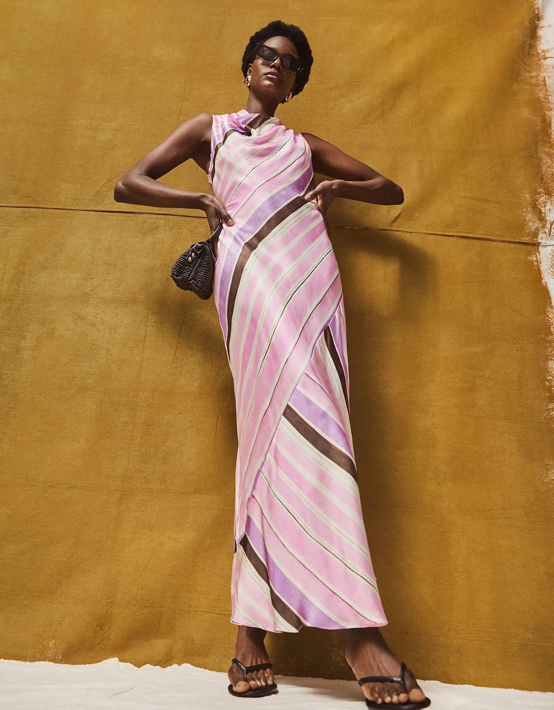 Petite Phoebe Pink Stripe Cowl Neck Satin Dress