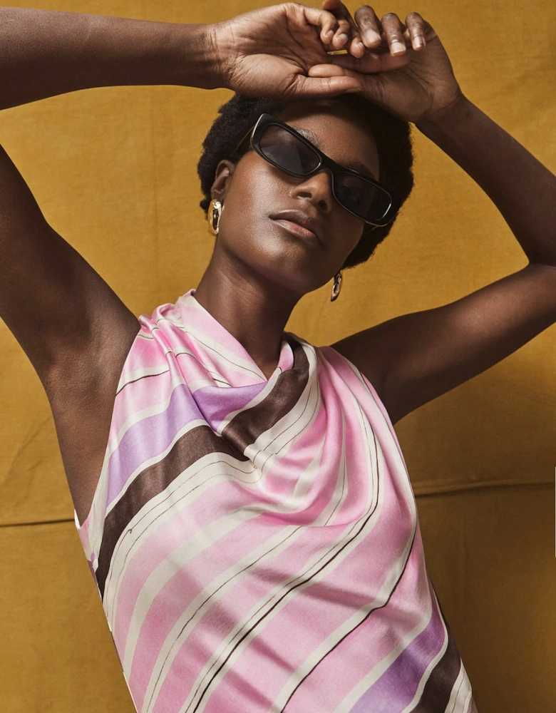 Petite Phoebe Pink Stripe Cowl Neck Satin Dress