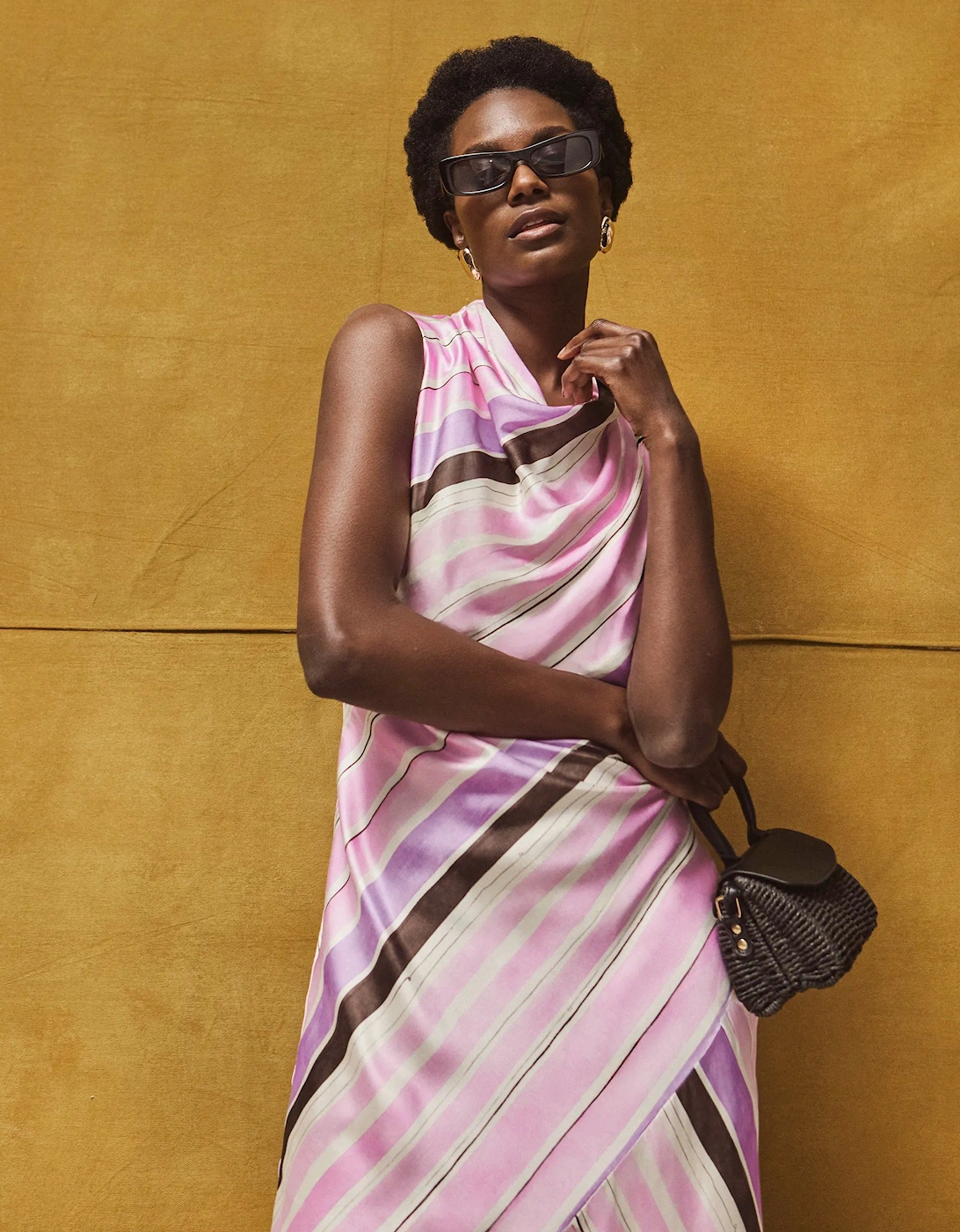 Petite Phoebe Pink Stripe Cowl Neck Satin Dress