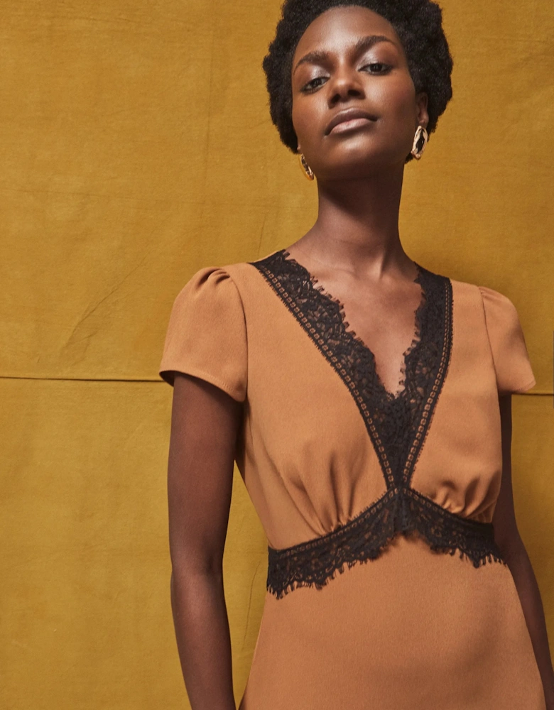 Caramel Lace Trim Dress
