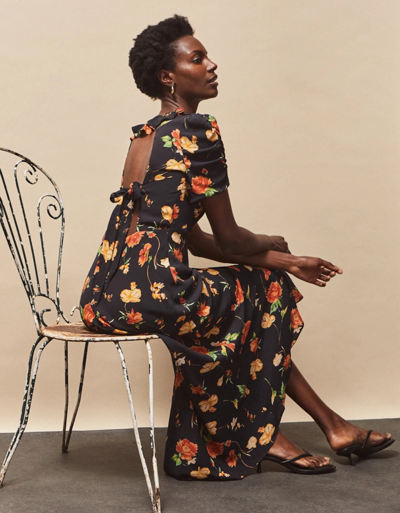 Petite Apricot And Yellow Floral Print Tie Back Dress