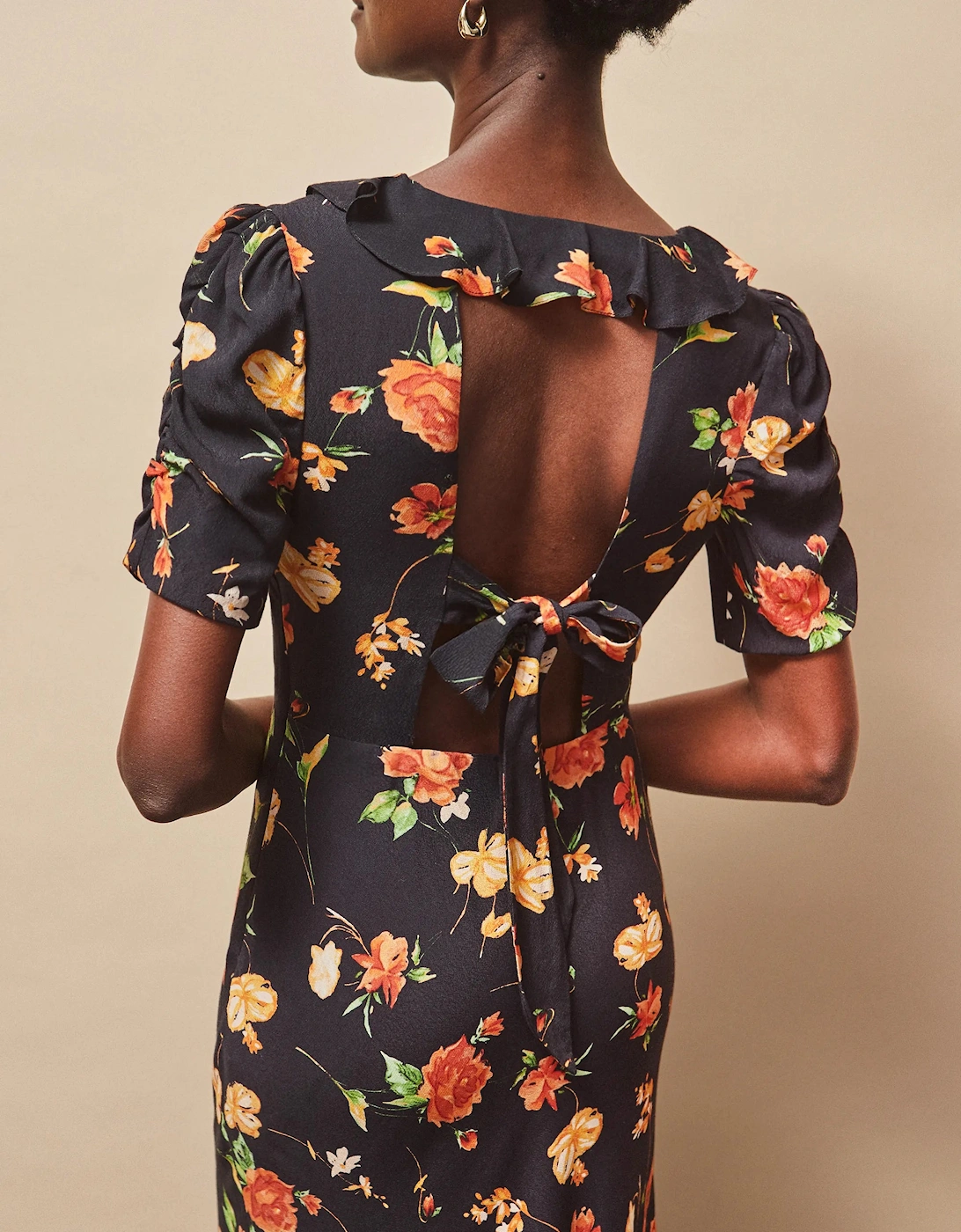 Petite Apricot And Yellow Floral Print Tie Back Dress