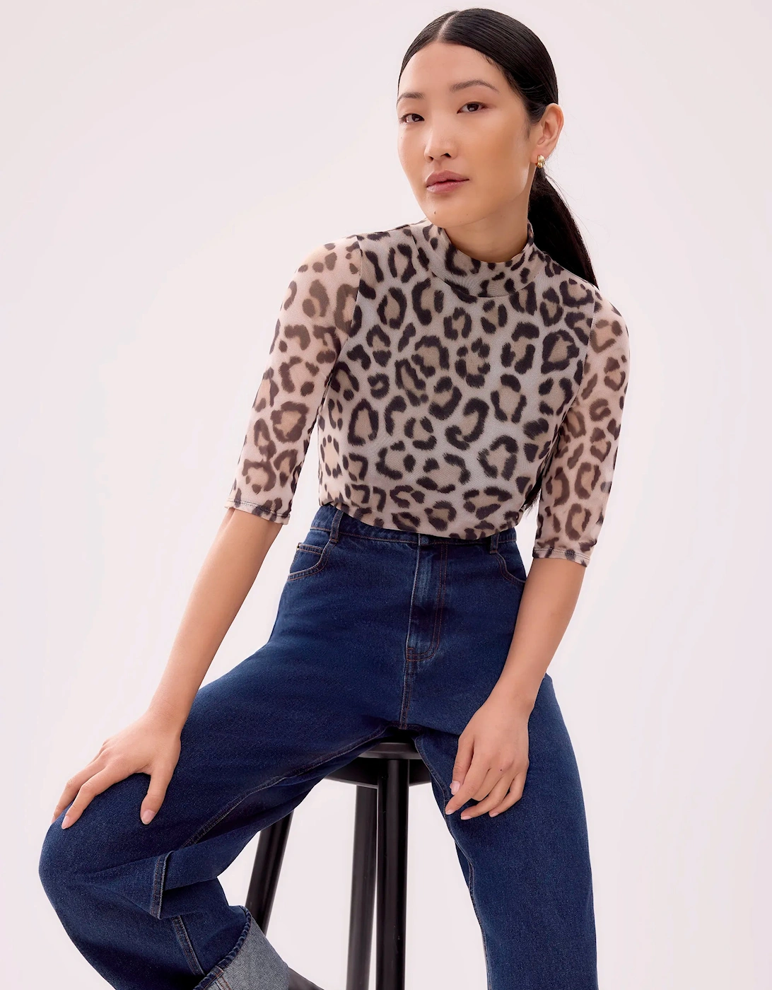 Brown Leopard Print Mesh Top