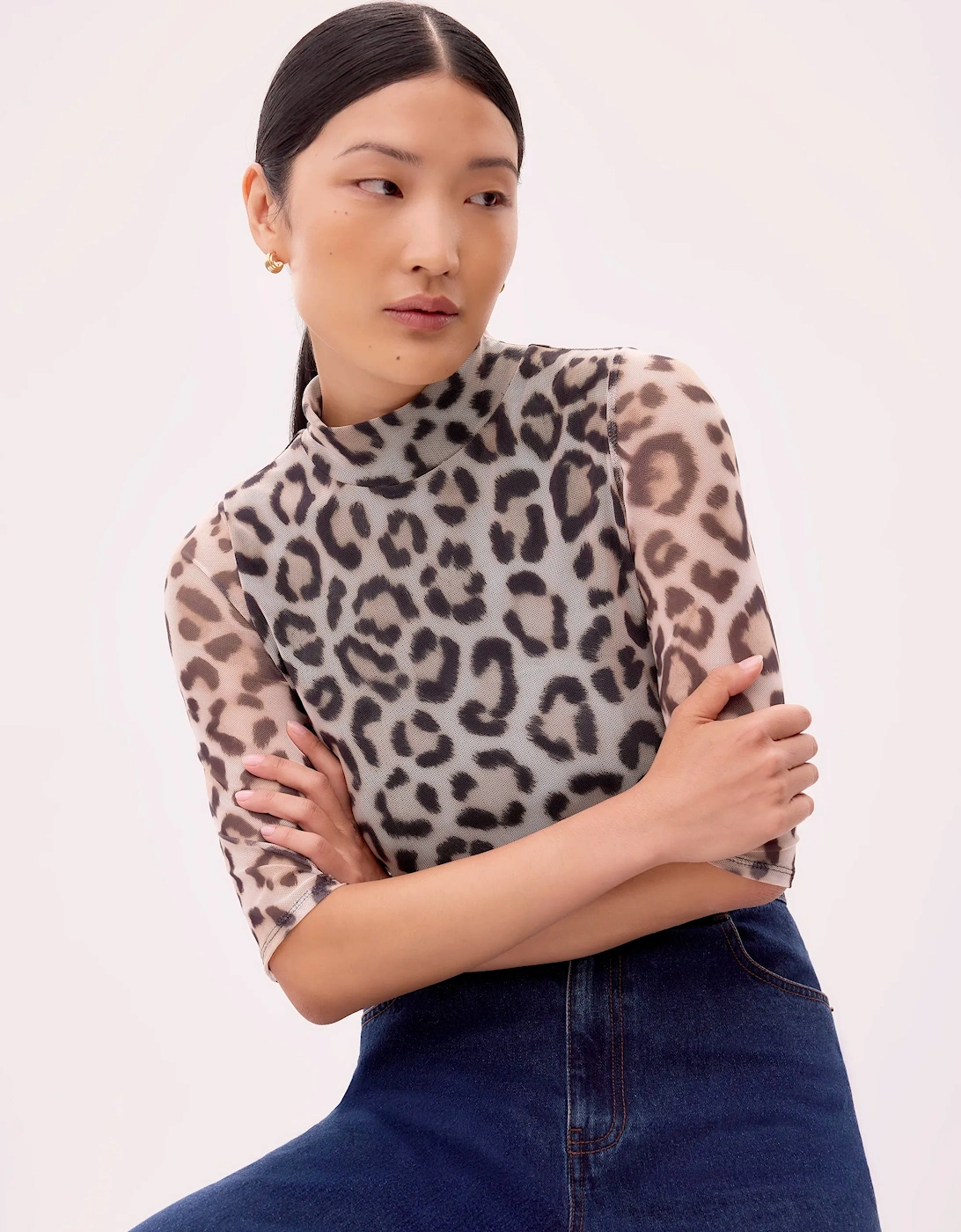 Brown Leopard Print Mesh Top