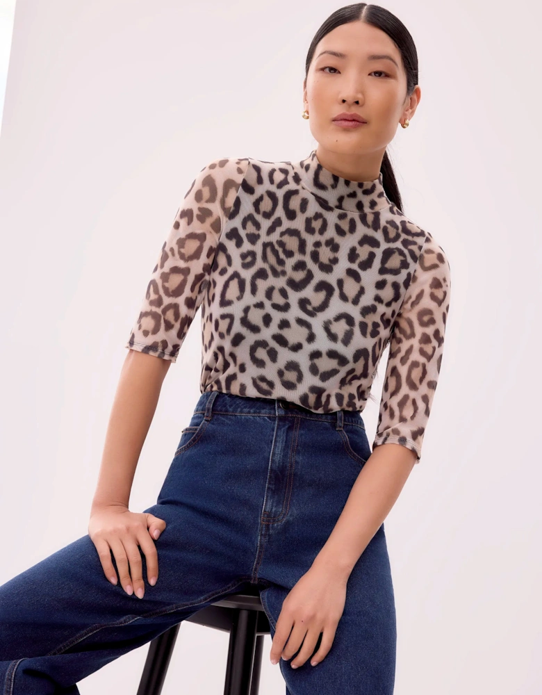 Brown Leopard Print Mesh Top