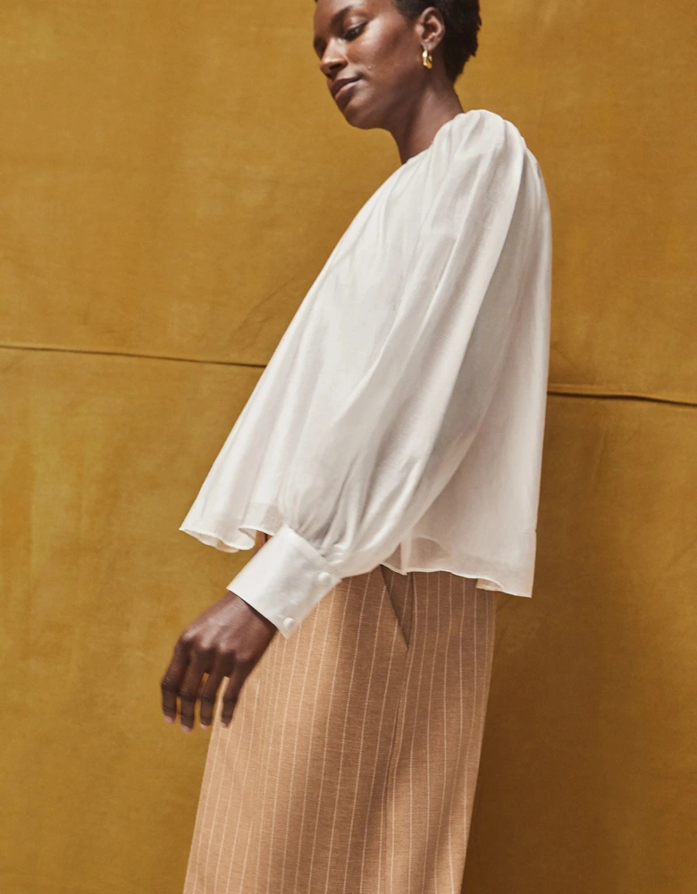White Gathered Button-Cuff Blouse
