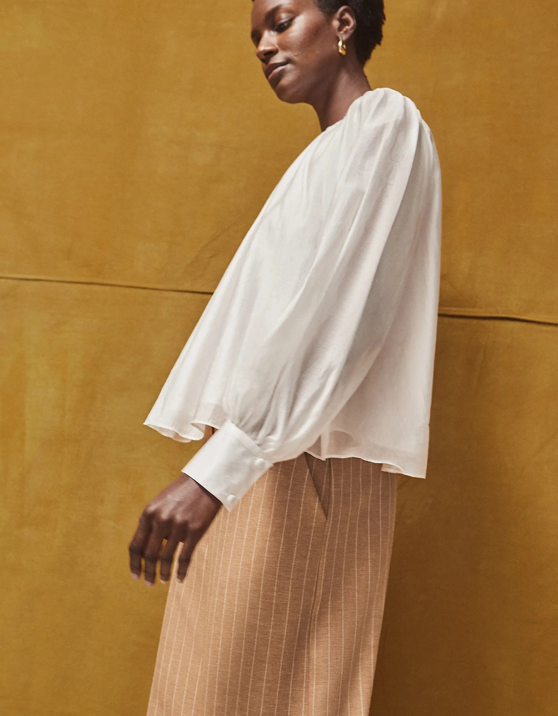 White Gathered Button-Cuff Blouse