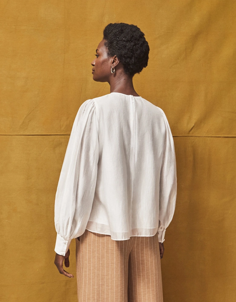 White Gathered Button-Cuff Blouse