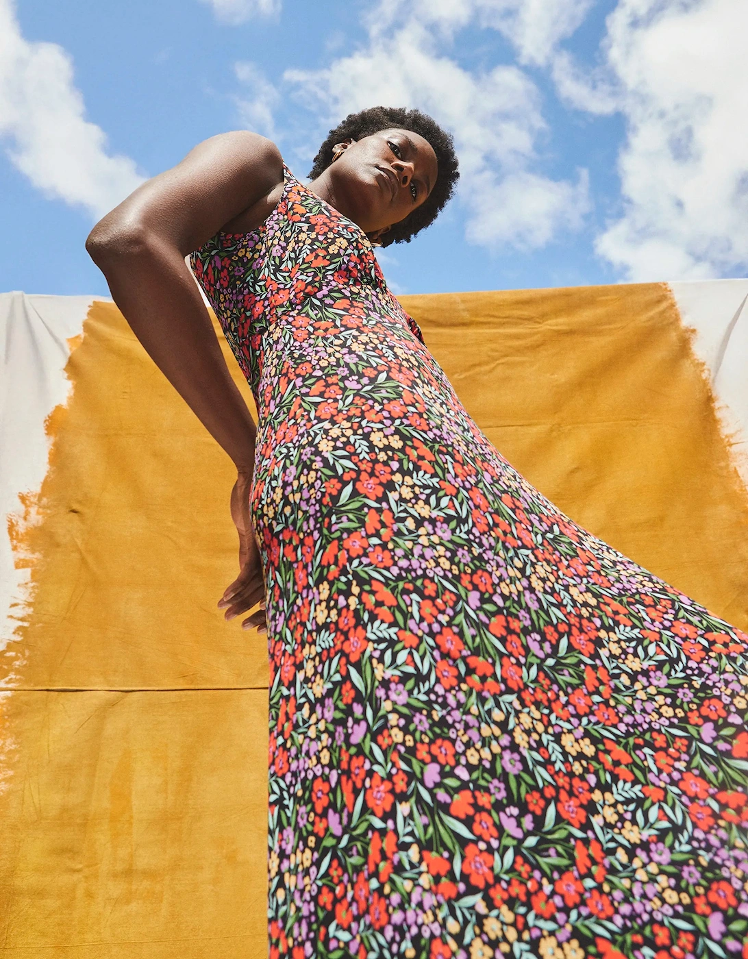 Ditsy-Print V-Neck Midi Dress
