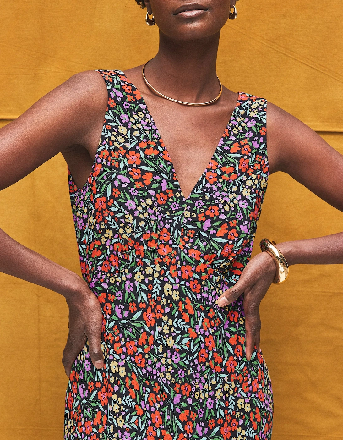 Ditsy-Print V-Neck Midi Dress