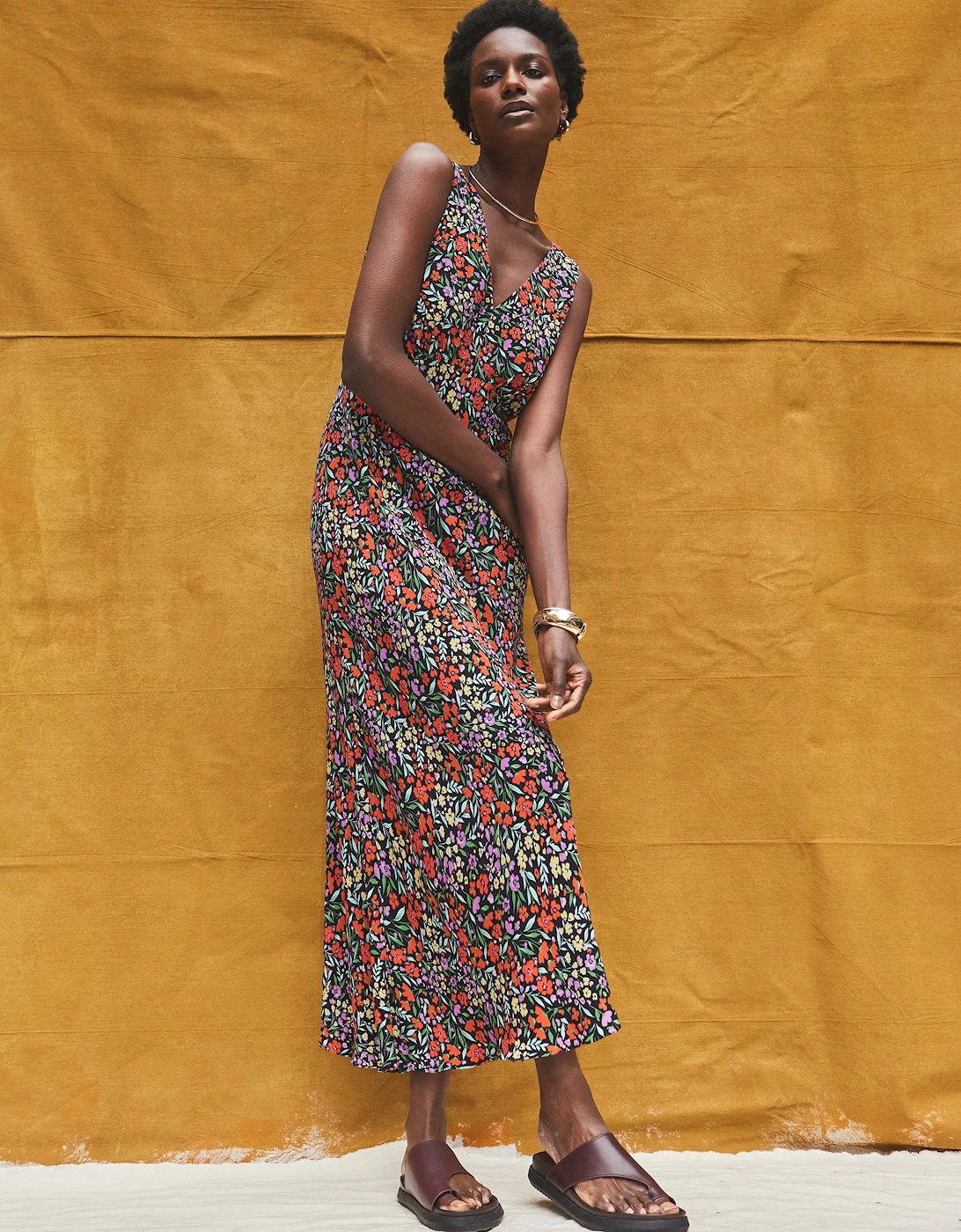 Ditsy-Print V-Neck Midi Dress