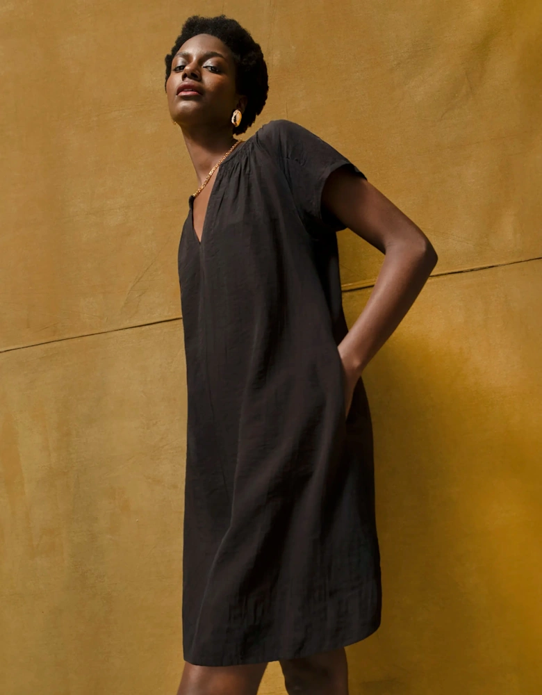 Black Gathered Neck Short Dress
