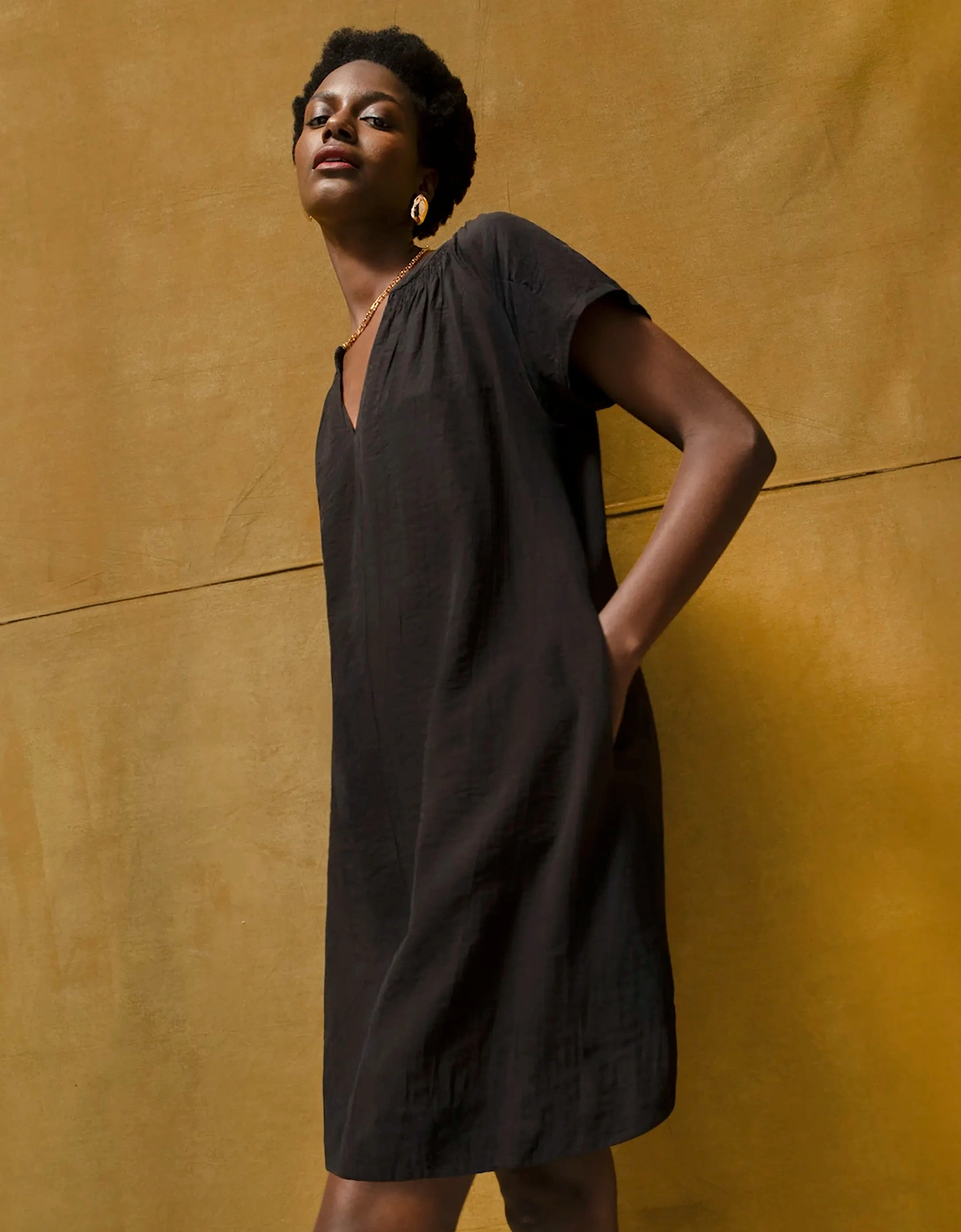Black Gathered Neck Short Dress