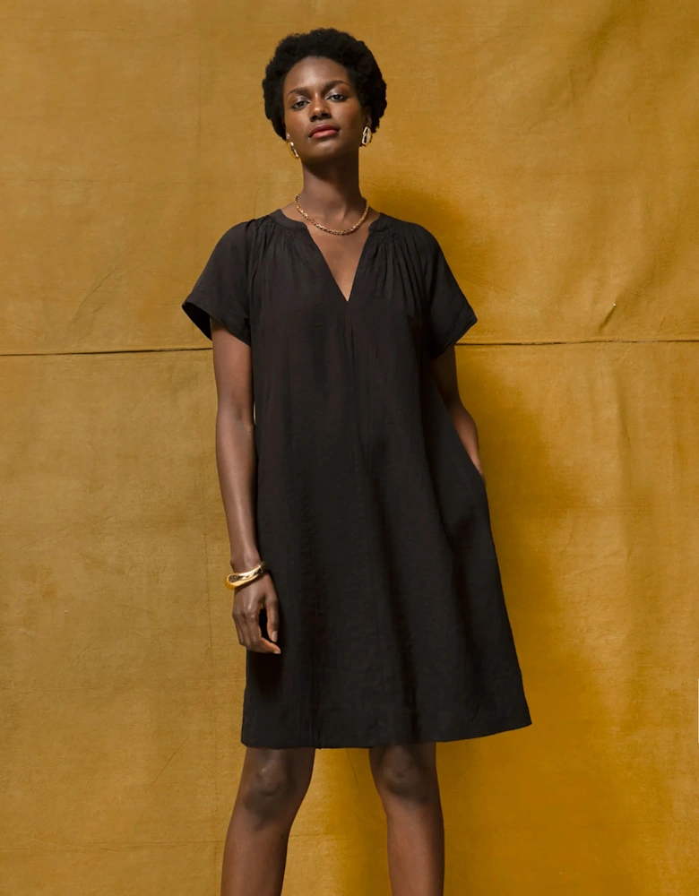 Black Gathered Neck Short Dress