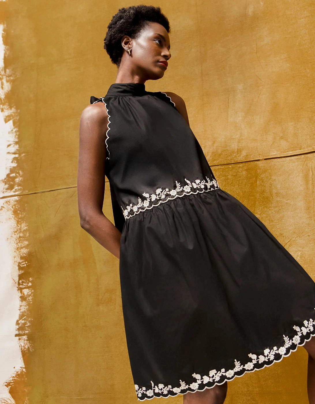 Black Embroidered Scallop Short Dress