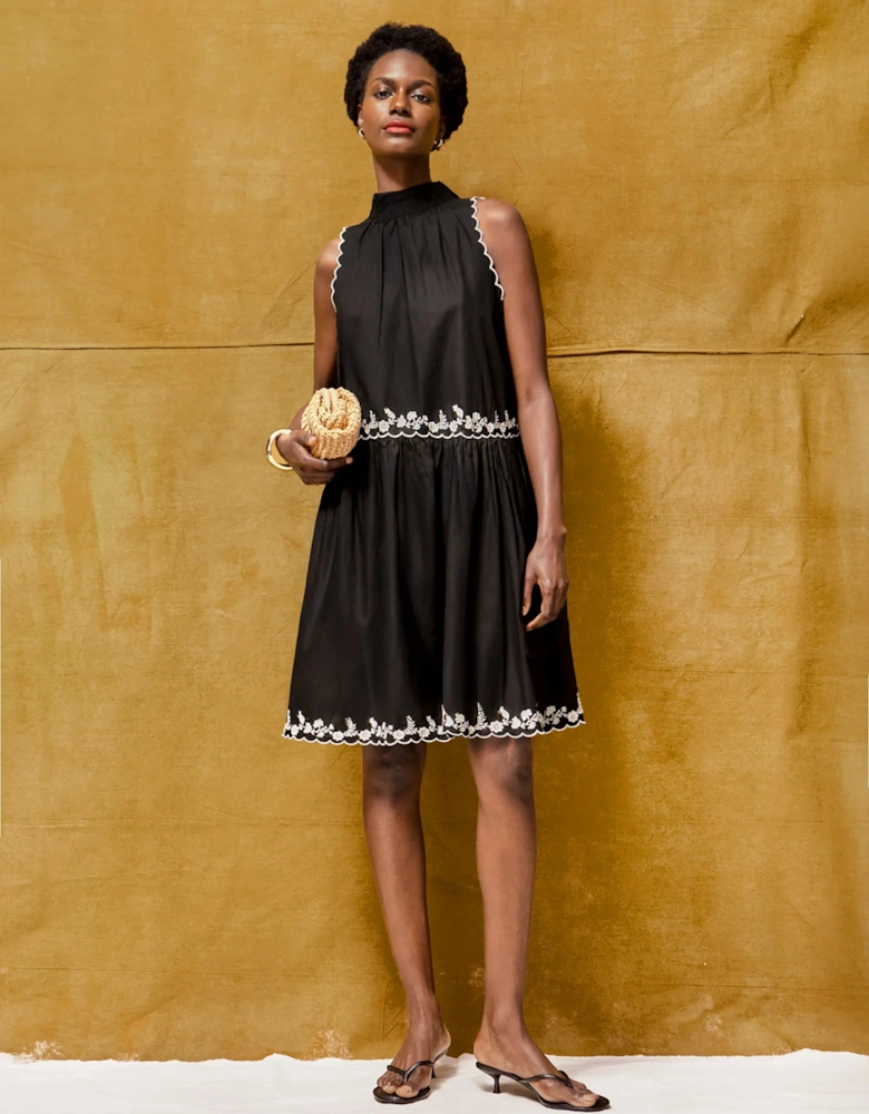 Black Embroidered Scallop Short Dress