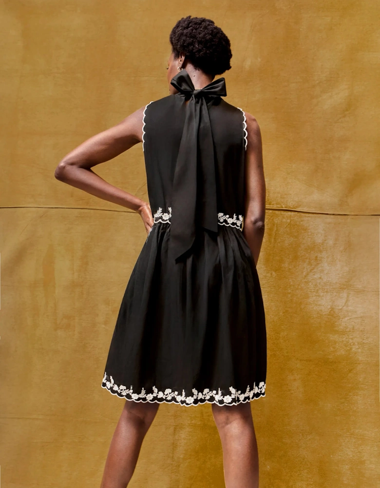 Black Embroidered Scallop Short Dress