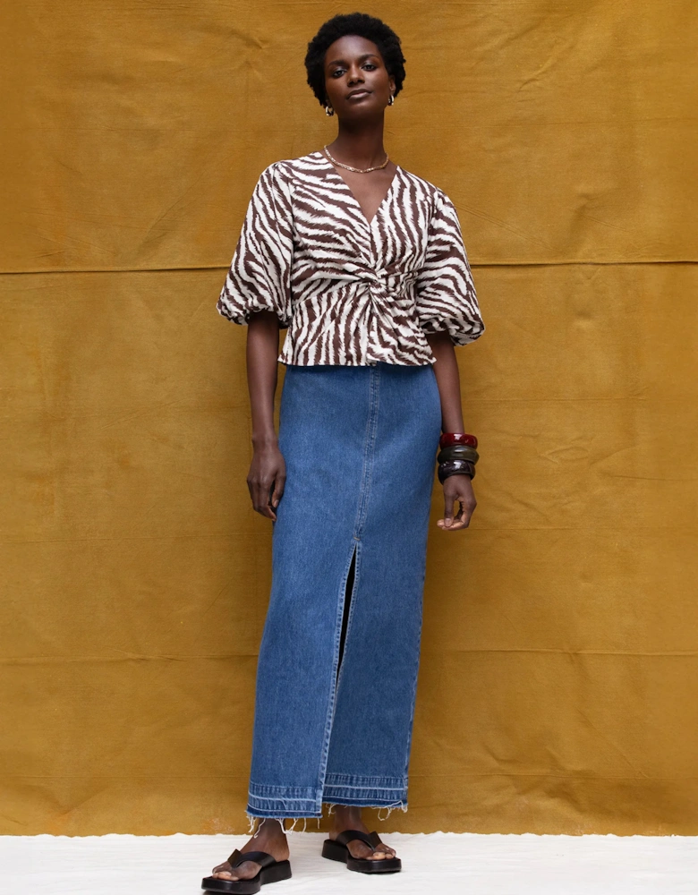 Brown Zebra Print Twist Front Cotton Blouse