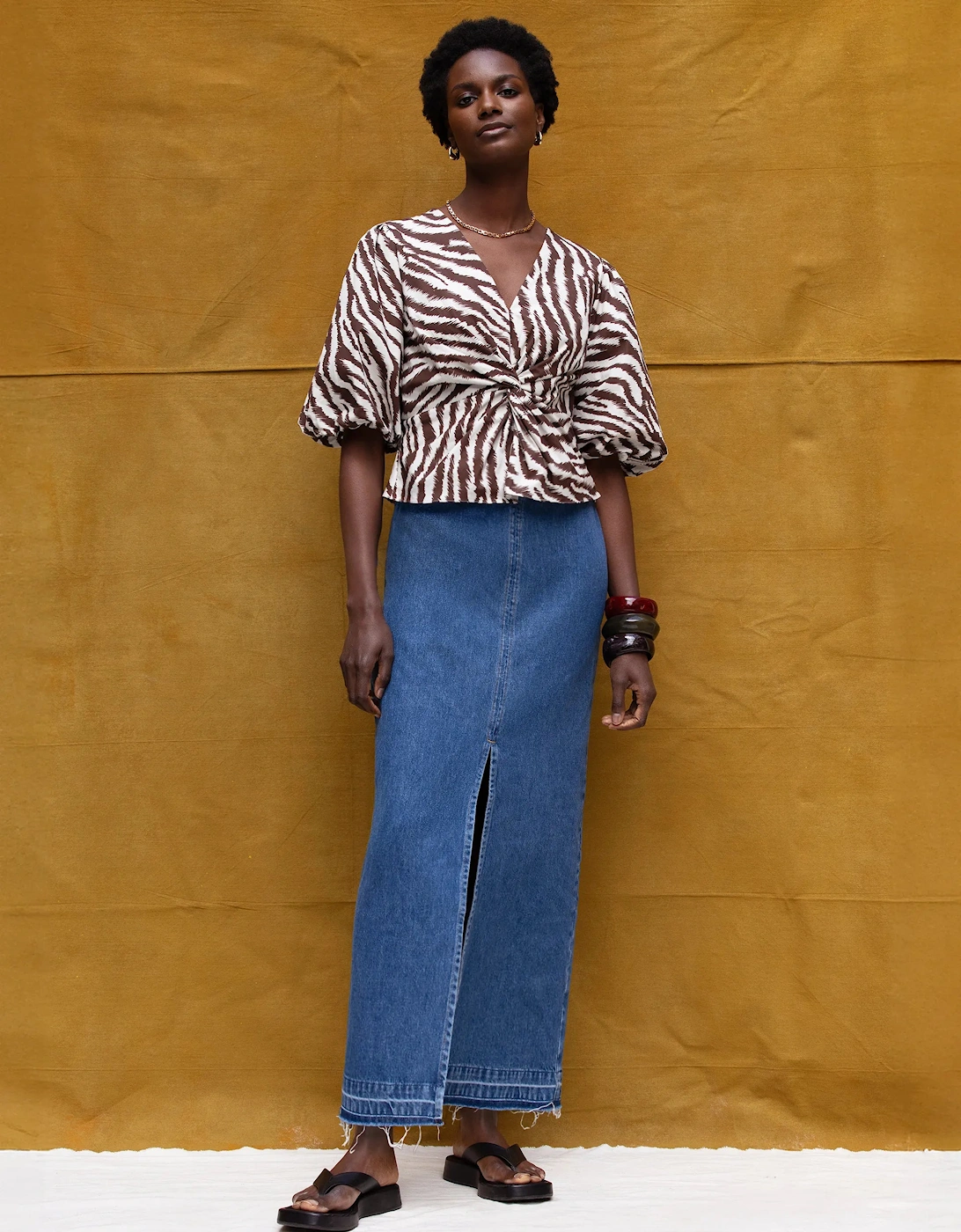 Brown Zebra Print Twist Front Cotton Blouse