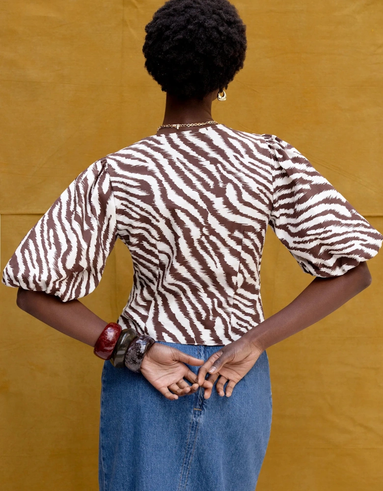 Brown Zebra Print Twist Front Cotton Blouse