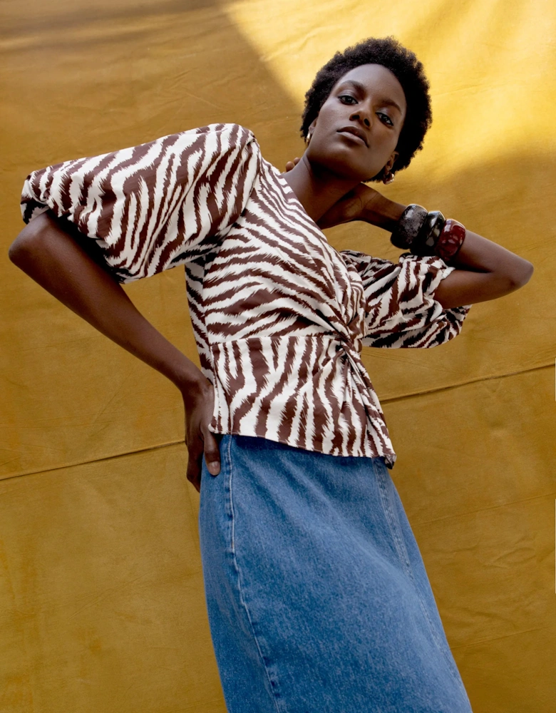Brown Zebra Print Twist Front Cotton Blouse