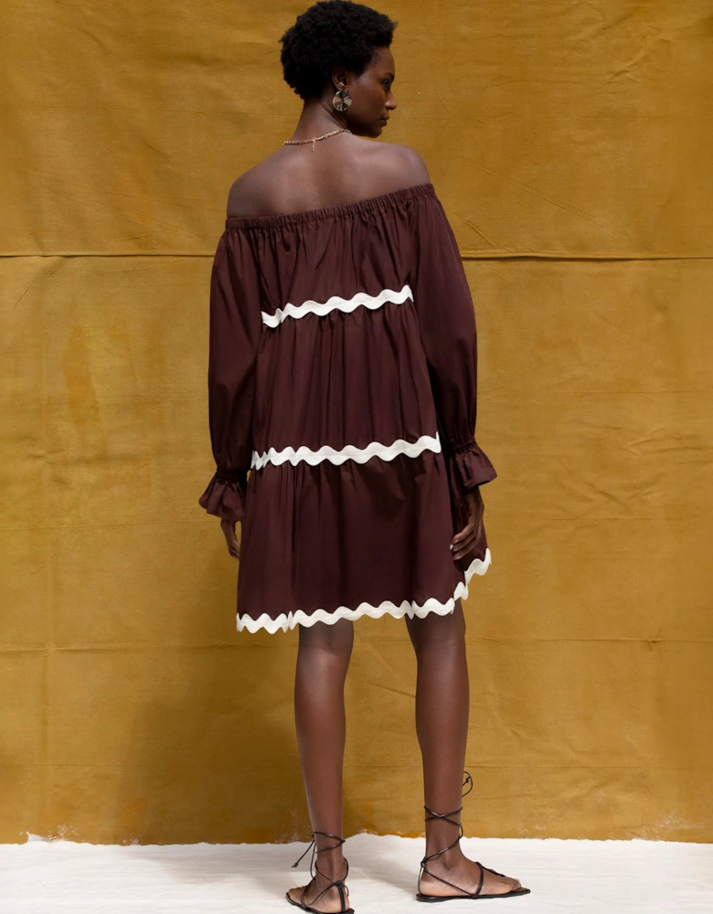 Brown Bardot Contrast Trim Dress