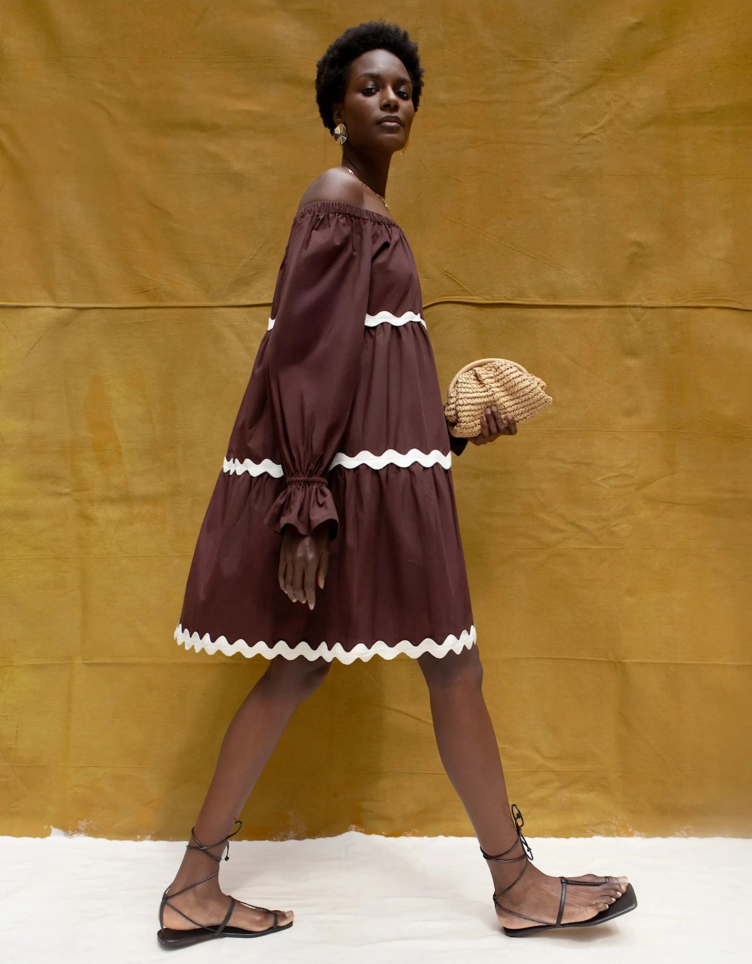 Brown Bardot Contrast Trim Dress