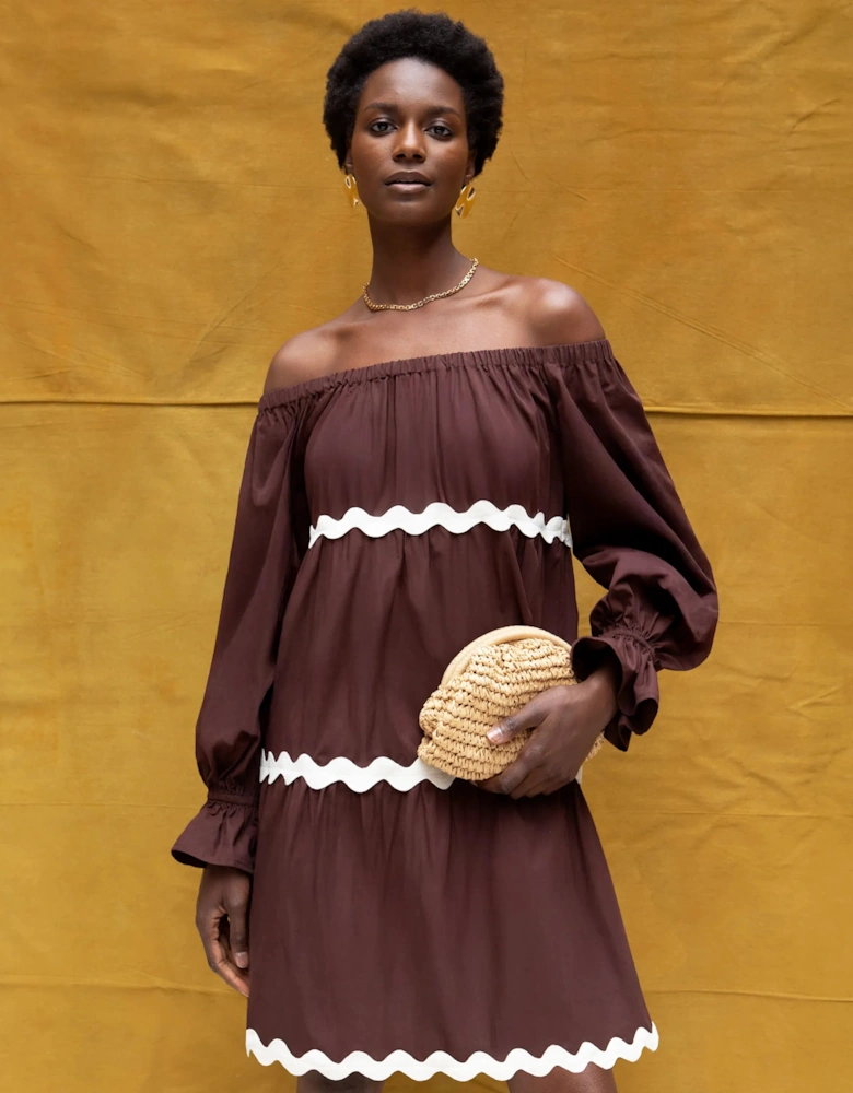 Brown Bardot Contrast Trim Dress