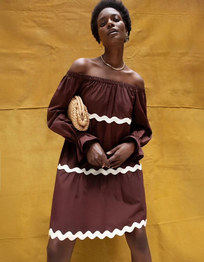 Brown Bardot Contrast Trim Dress
