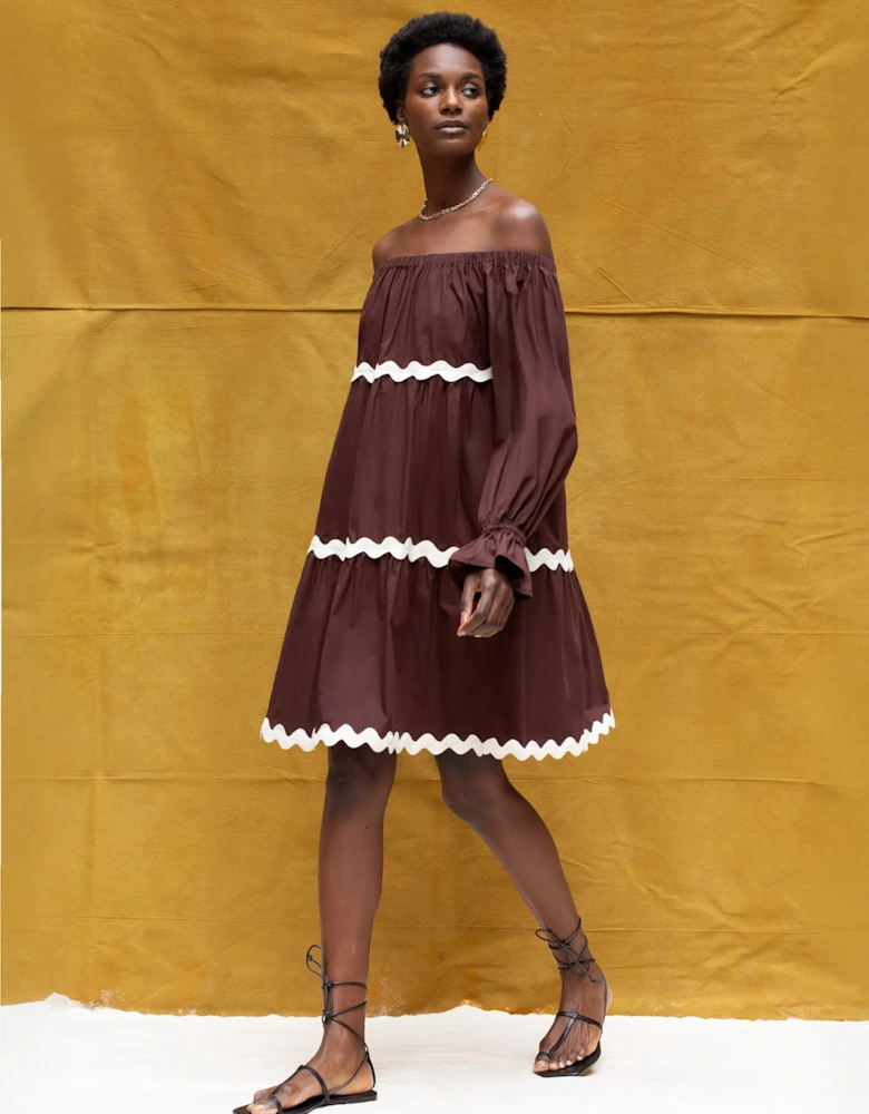 Brown Bardot Contrast Trim Dress