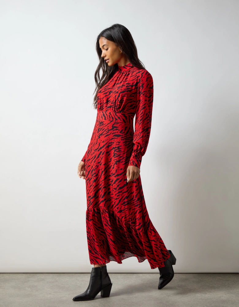 Red Zebra Print Tie Back Midi Dress