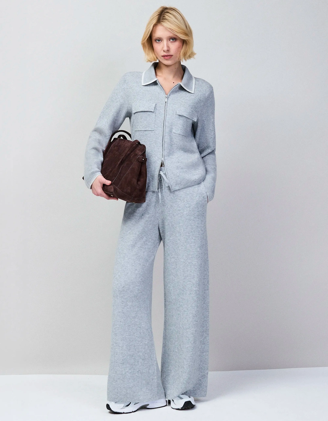Grey Knit Straight Leg Trousers