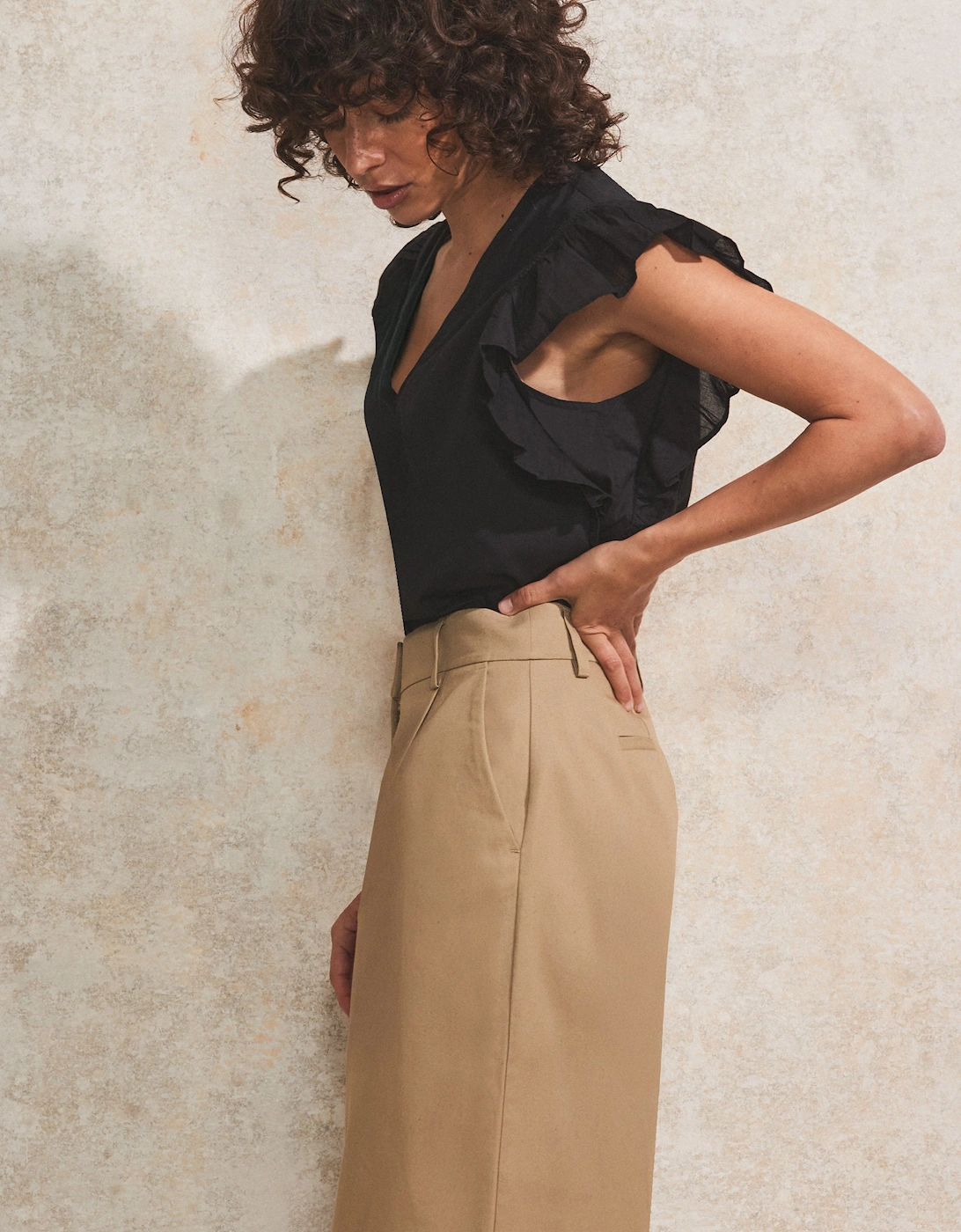 Beige High-Waist Turn-Up Cotton Trousers
