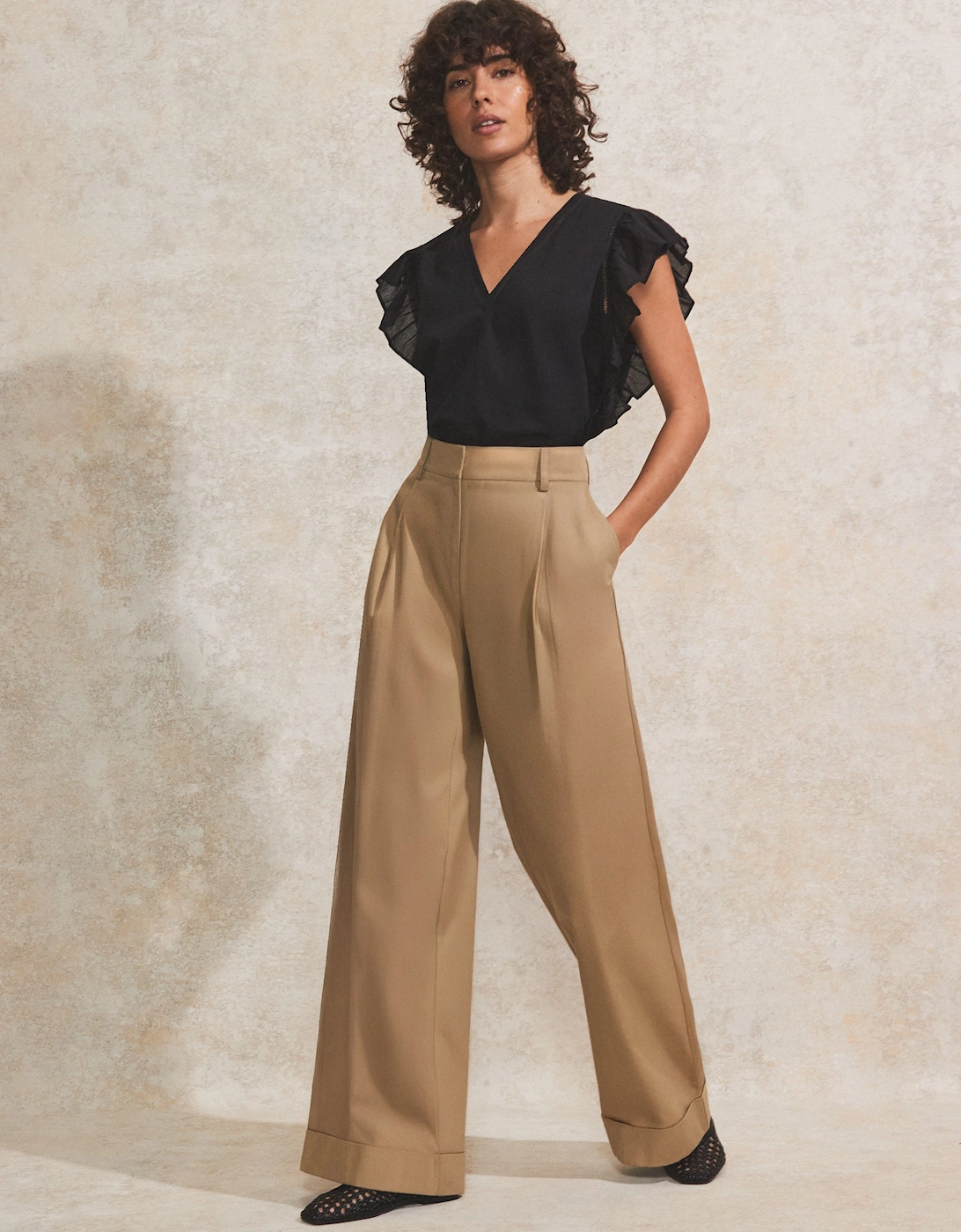 Beige High-Waist Turn-Up Cotton Trousers