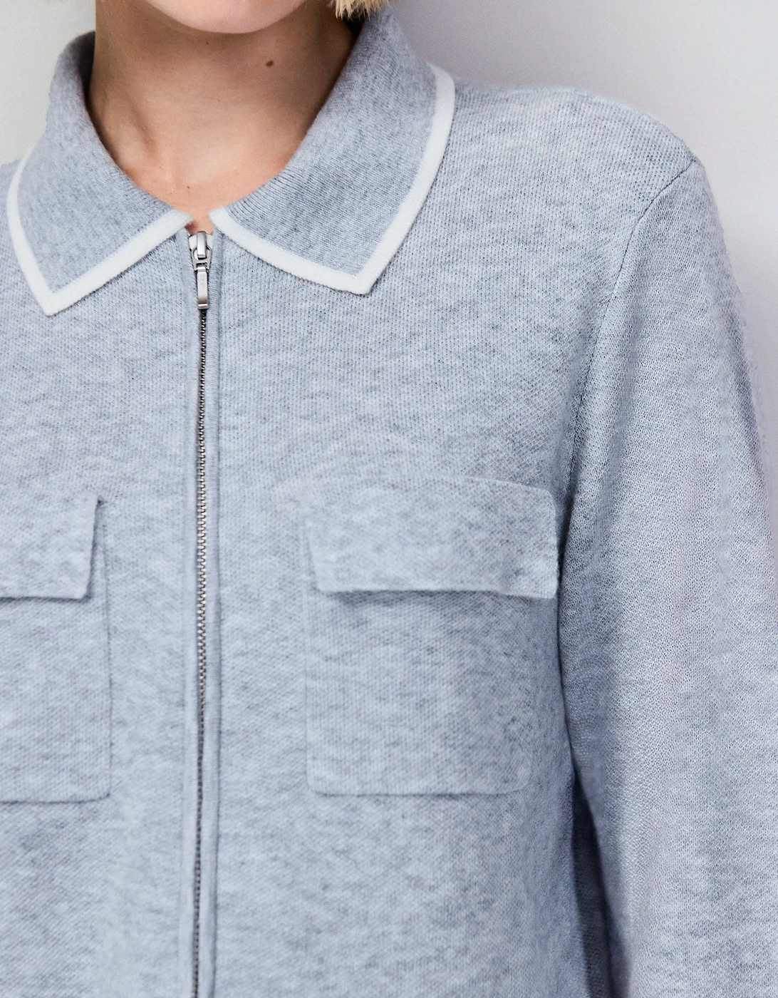 Grey Knit Zip Front Jacket With Wool