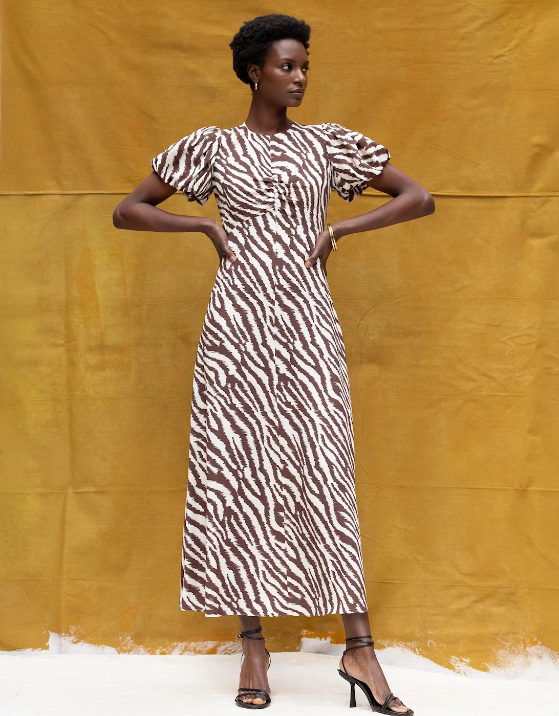 Brown Zebra Print Puff Sleeve Dress
