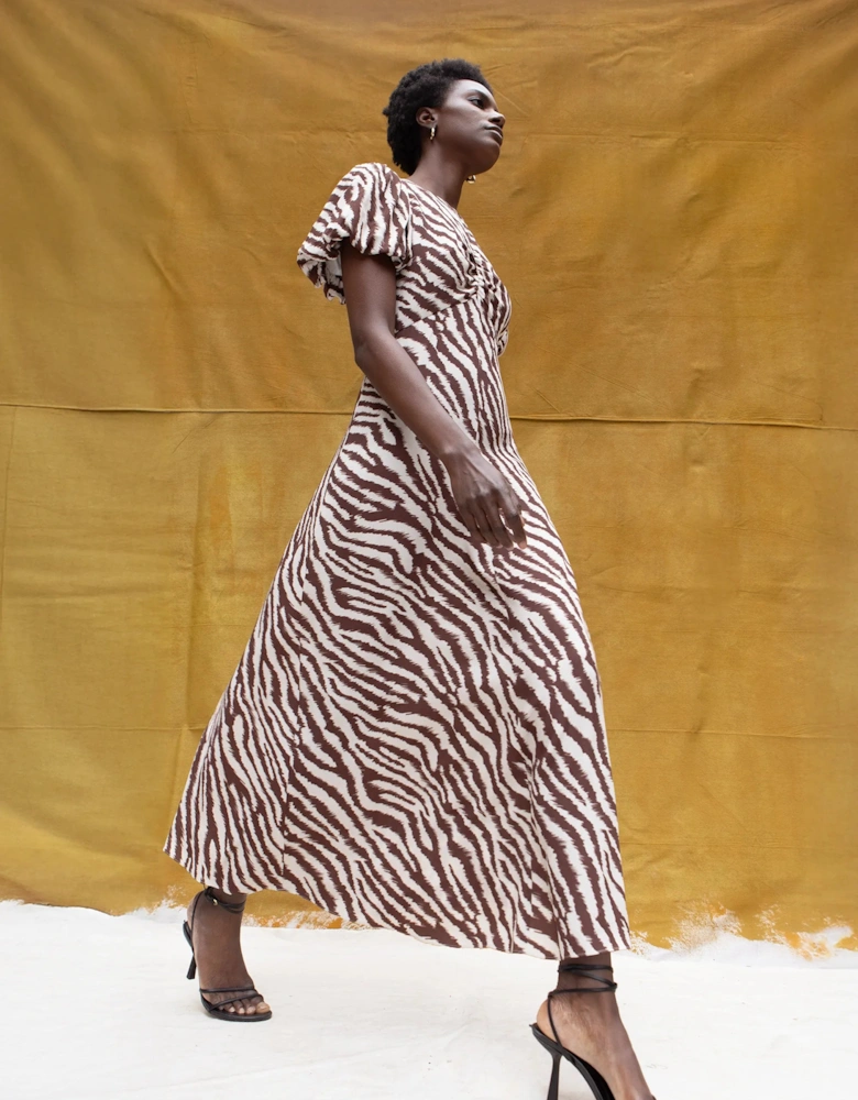 Brown Zebra Print Puff Sleeve Dress