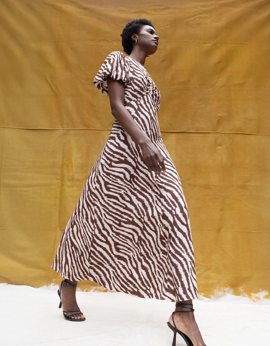 Brown Zebra Print Puff Sleeve Dress