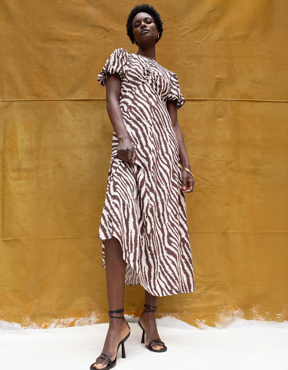 Brown Zebra Print Puff Sleeve Dress