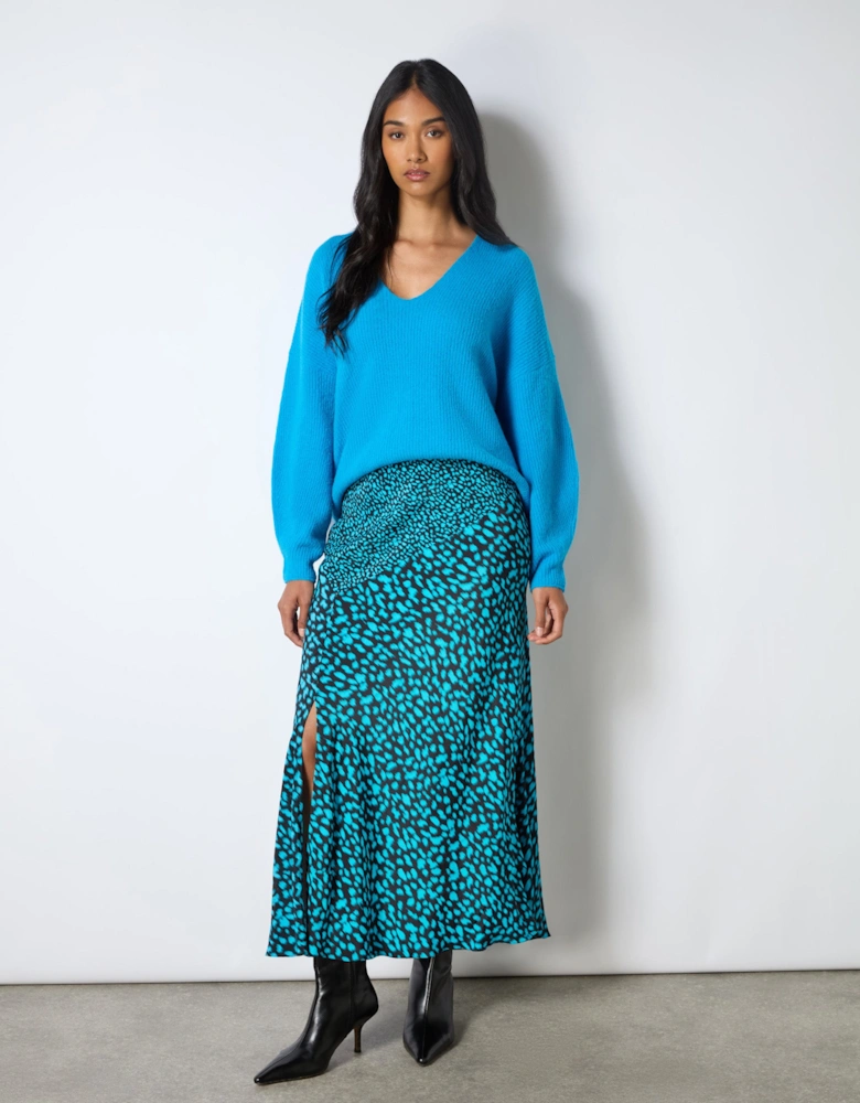 Blue Dash Print Contrast Panel Skirt